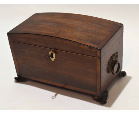 19th century mahogany tea caddy with domed top, based on gilt metal paw feet, 25cm wide  
