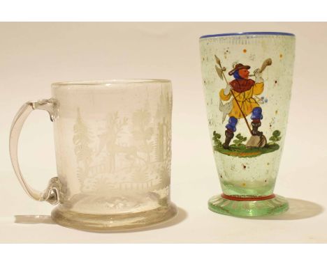 19th century Continental glass engraved with a hunting scene, together with a further glass with polychrome decoration of a h