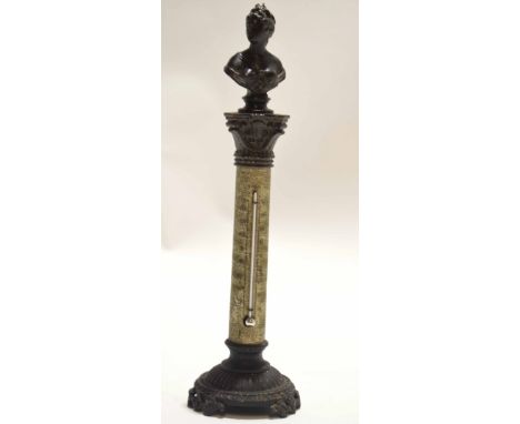 Early 20th century&nbsp;thermometer with mercury tube, fixed to a plinth with metal sculpture above of a classical bust, 28cm