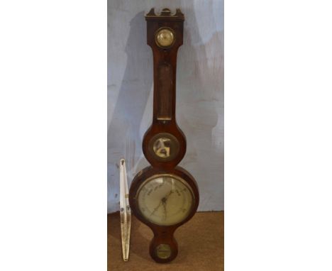 19th century simulated rosewood cased wheel barometer (losses and damage throughout), 94cm long  