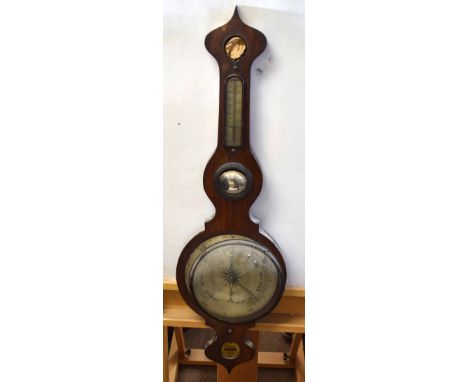 Early 19th century rosewood wheel barometer with onion top over a plain vernier and circular silvered dial (losses throughout