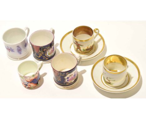 Group of English lustre jugs with typical decoration together with two Paris porcelain coffee cans and saucers (one a/f) with