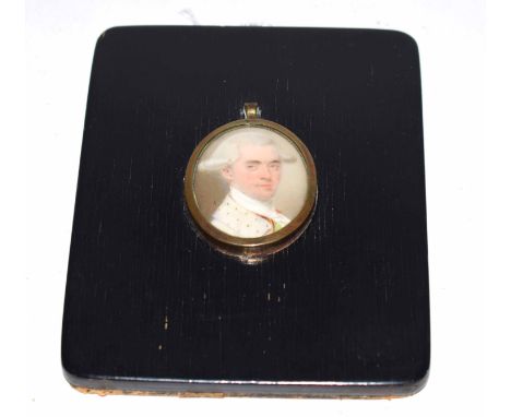 Late 18th century English School portrait miniature, Head and shoulders portrait of a gent wearing green waistcoat, 4 x 3cm