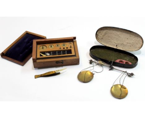 Wooden box containing a small quantity of weights and scales in oval metal box (2)  