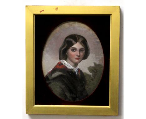 19th century English School, oil on board, Head and shoulders portrait of a girl, 26 x 20cm, oval