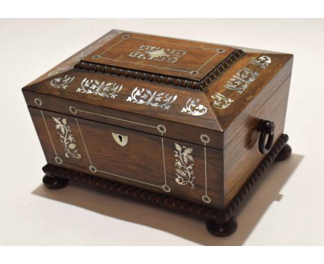 19th century rosewood and mother of pearl inlaid sewing box with fitted plush lined interior with original mother of pearl mo