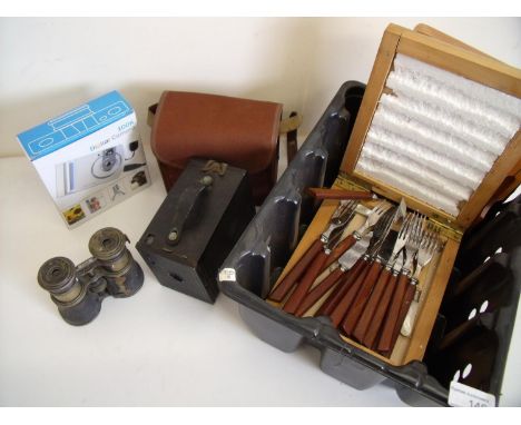 Cased set of Mother of Pearl handled butter knives, plated cutlery, a vintage boxed Brownie type camera, a digital camera and