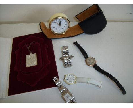 Cased Valentine necklace, Masonic cufflinks, traveling clock and various wrist watches including a 9ct gold cased ladies watc