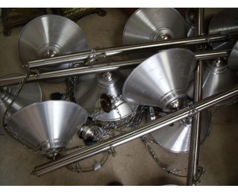 Set of four stainless steel style hanging three lamp centre light fittings 