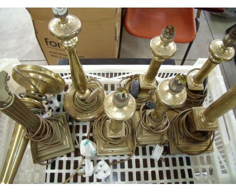 Selection of brass table lamps including a set of four column sticks, Corinthian column table lamp etc 