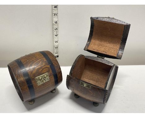 Two oak barrel form trinket boxes