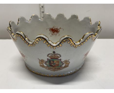 A antique Victorian ceramic crown shaped planter with armorial motif to front, shipping unavailable