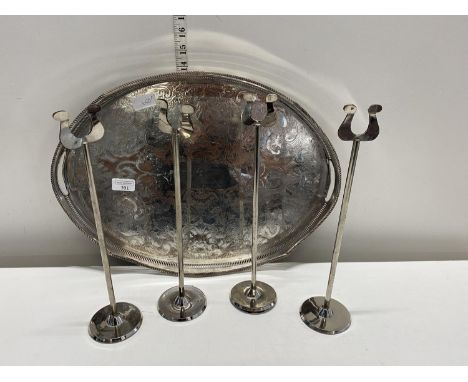 A silver on copper galleried tray and four vintage menu card holders