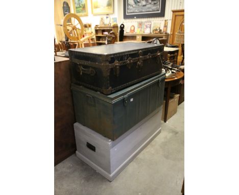 Vintage Blue ' Pakawa ' Travelling Trunk, Large Pine Painted Storage Trunk and a Painted Metal Storage Trunk