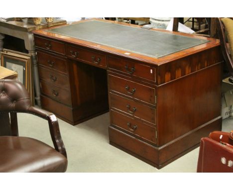Reproduction Yew Wood Twin Pedestal Desk with Green Leather Inset Top with Two Drawers, Slide-out Keyboard Shelf and Two Cupb