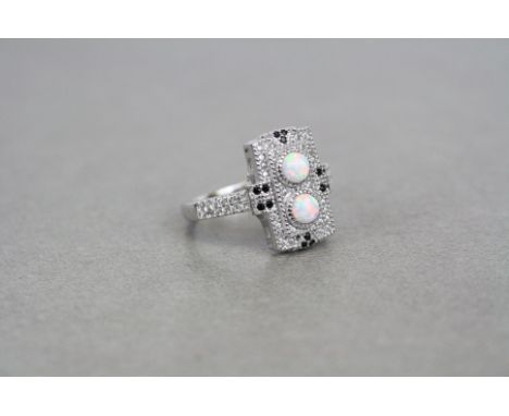 Silver CZ and opal panelled Art Deco style ring 