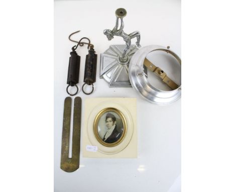 Framed &amp; glazed miniature Portrait print of a 19th Century Gentleman, Art Deco chromed Lamp base, two hand held Balance S