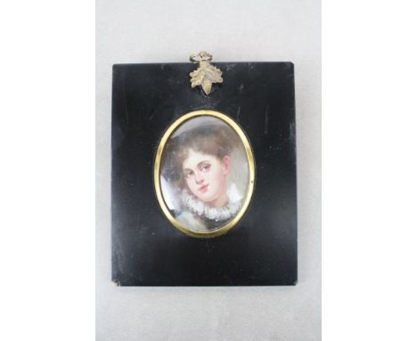 Oil painting miniature portrait of a Victorian lady in ebonized frame 