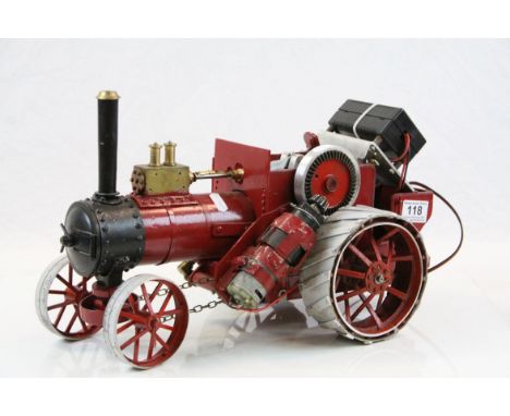 Scratch built steam tractor model in red/maroon, approximately 17" in length 
