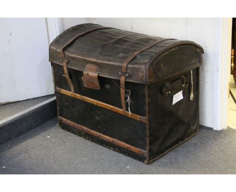 19th century Domed Top Wicker Leather Bound Travelling Trunk with Drop-in Tray, 82cms long x 66cms high
