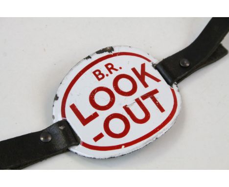 British Rail ( B.R. ) Enamel ' Look-out ' Arm Badge with Leather Strap 