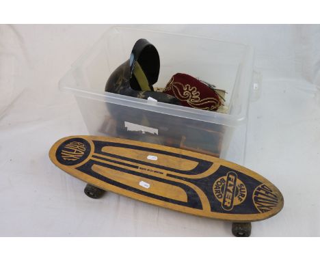 Deluxe Flyer skateboard, reproduction Titan helmet, Jaques cast iron clock golf Roman numerals, Mauchline ware box of Salisbu