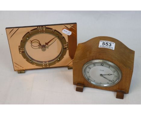 Art Deco peach glass mantle clock and a Smiths wood cased mantle clock 