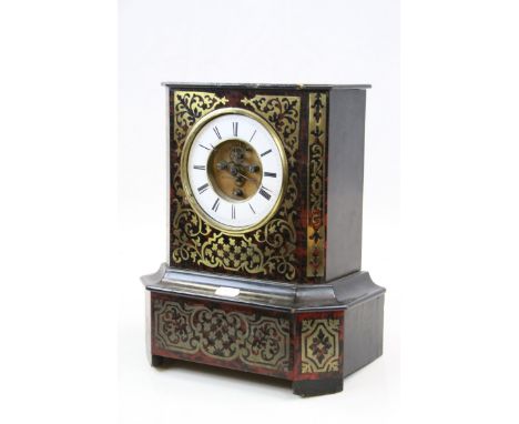 French ebonized wooden case mantel clock with ornate boulle work front and enamel dial 