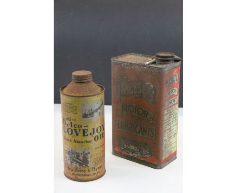 Two vintage oil cans to include Prices Motor Lubricants and Delco Lovejoy Oil, rusting to both