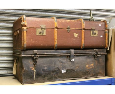 Early 20th century Wooden Bound Travelling Trunk together with a Victorian Metal Trunk and a Group of Table Lamps