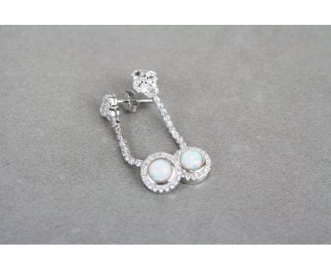 Pair of silver CZ and opal paneled drop earrings 