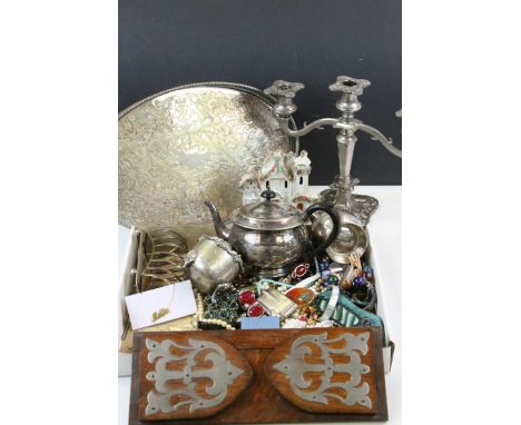 Quantity of costume jewellery, silver plated teapot and milk jug, silver plated three scone candelabrum, silver plated toast 