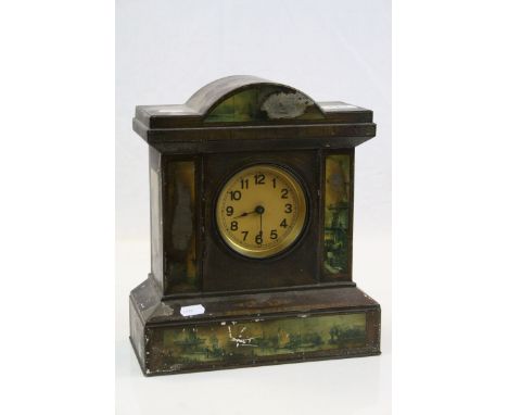 Tinplate mantle clock, made to look like wood with transfer printed Dutch scenes, height approximately 30cm