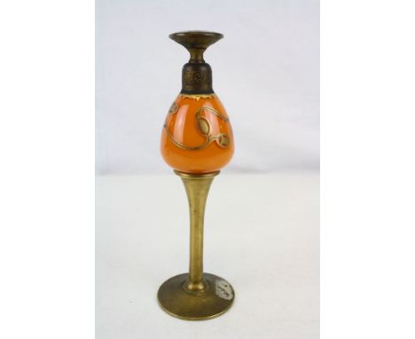 French Art Deco Gilt Glass &amp; Enamel Perfume Bottle, signed to base, stands approx 18cm