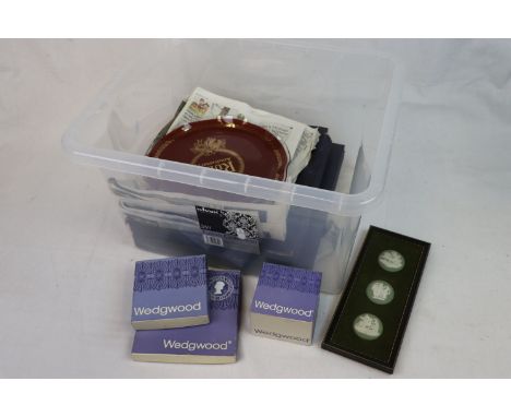 Large quantity of silver plate to include candlesticks, teapot, ice bucket etc, together with quantity of boxed Wedgwood Jasp