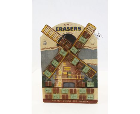 Advertising - Vintage Shop Display Advertising Board ' EMU Erasers ' featuring a Windmill covered in approximately 33 EMU Era