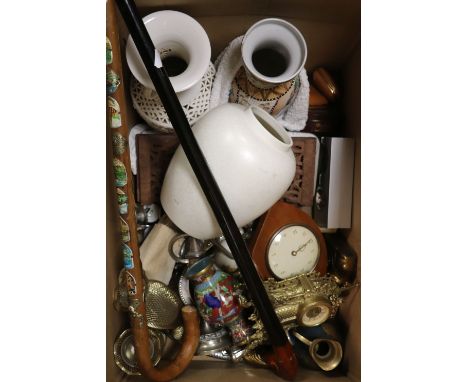 Box of sundries to include walking sticks, Poole Pottery vase, oriental vase, book stand &amp; a coalbox with candlesticks et