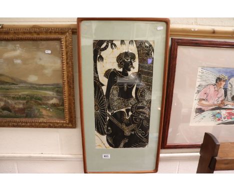 Framed portrait on textile depicting a mythological god with ox 