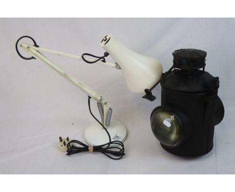 Vintage railway signal lamp together with a mid 20th century angle poise lamp 
