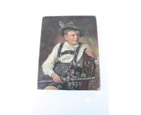 Oil on canvas portrait of a boy in an Austrian costume inscribed verso indistinctly signed  