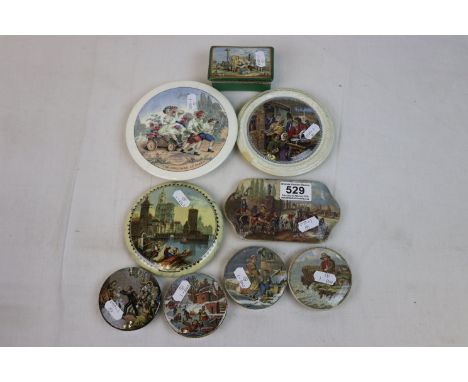 Eight Prattware pot lids, various sizes, plus a trinket box 