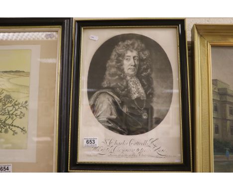 Antique framed engraving, portrait of Sir Charles Cottrell Kt, Master of the Ceremonies for three kings 1641-1687