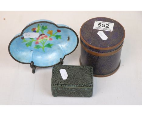 Early 20th century Cloisonne trinket box in the form of a trunk, a similar lidded canister &amp; a scalloped edge dish (3)