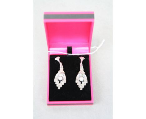 Pair of silver Art Deco style drop earrings with opal panels 