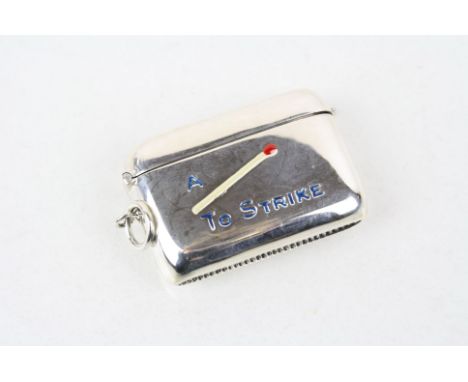 Silver vesta case with enamel pictorial match strike 