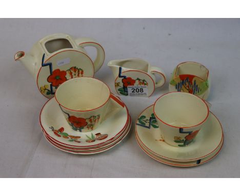 Art Deco Royal Staffordshire Pottery Honey Glaze part tea set, to include teapot (no lid), milk jug, cup and saucer, one cup 