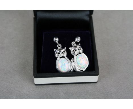 Pair of silver CZ and opal earrings of cat form 