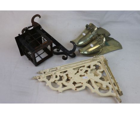 20th century arts and crafts style lamp, two cast iron brackets with figurative decoration, pair of metal shoes &amp; a mirro