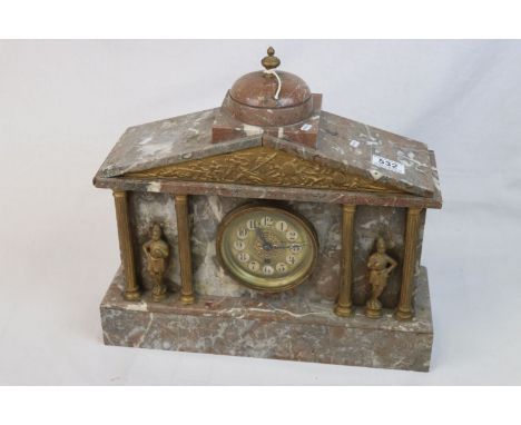 Marble surround Roman figures &amp; columns, clock with pendulum &amp; key