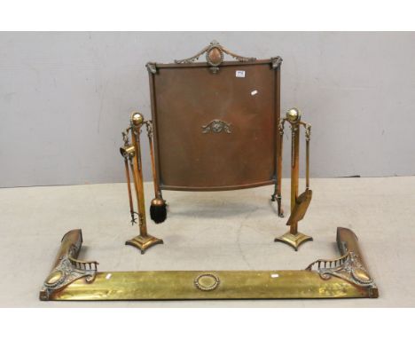 Collection of Aesthetic Brass and Copper Fire Items including Fire Screen, Pair of Companion Sets and a Fire Fender
